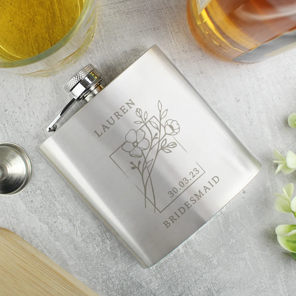 Personalised Monochrome Floral Design Stainless Steel Hip Flask - Image 5