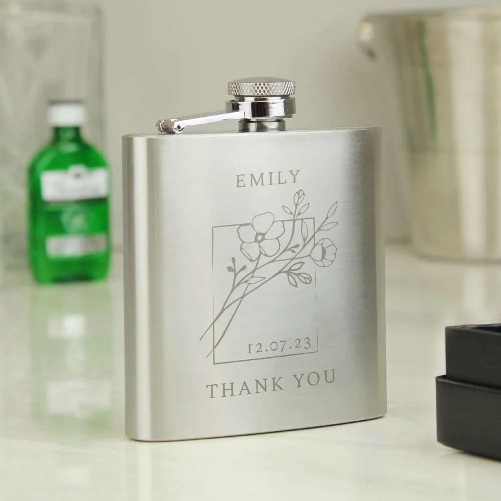Personalised Monochrome Floral Design Stainless Steel Hip Flask - Image 7