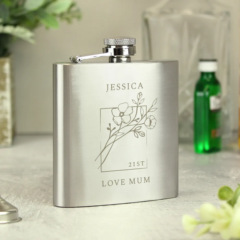 Personalised Monochrome Floral Design Stainless Steel Hip Flask - Image 8