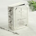 Personalised 'First Holy Communion' Silver Finish Bible Trinket Box & Rosary Beads