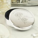 Personalised April Birth Flower Design Round Silver Nickel Plated Trinket Box