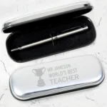 Personalised 'World's Best Teacher' Trophy Motif Chrome Plated Pen & Gift Box Set - Image 2