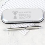 Personalised 'World's Best Teacher' Trophy Motif Chrome Plated Pen & Gift Box Set - Image 3