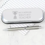 Personalised 'World's Best Teacher' Trophy Motif Chrome Plated Pen & Gift Box Set - Image 3