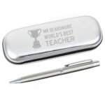 Personalised 'World's Best Teacher' Trophy Motif Chrome Plated Pen & Gift Box Set - Image 4