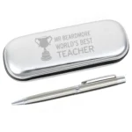 Personalised 'World's Best Teacher' Trophy Motif Chrome Plated Pen & Gift Box Set - Image 4