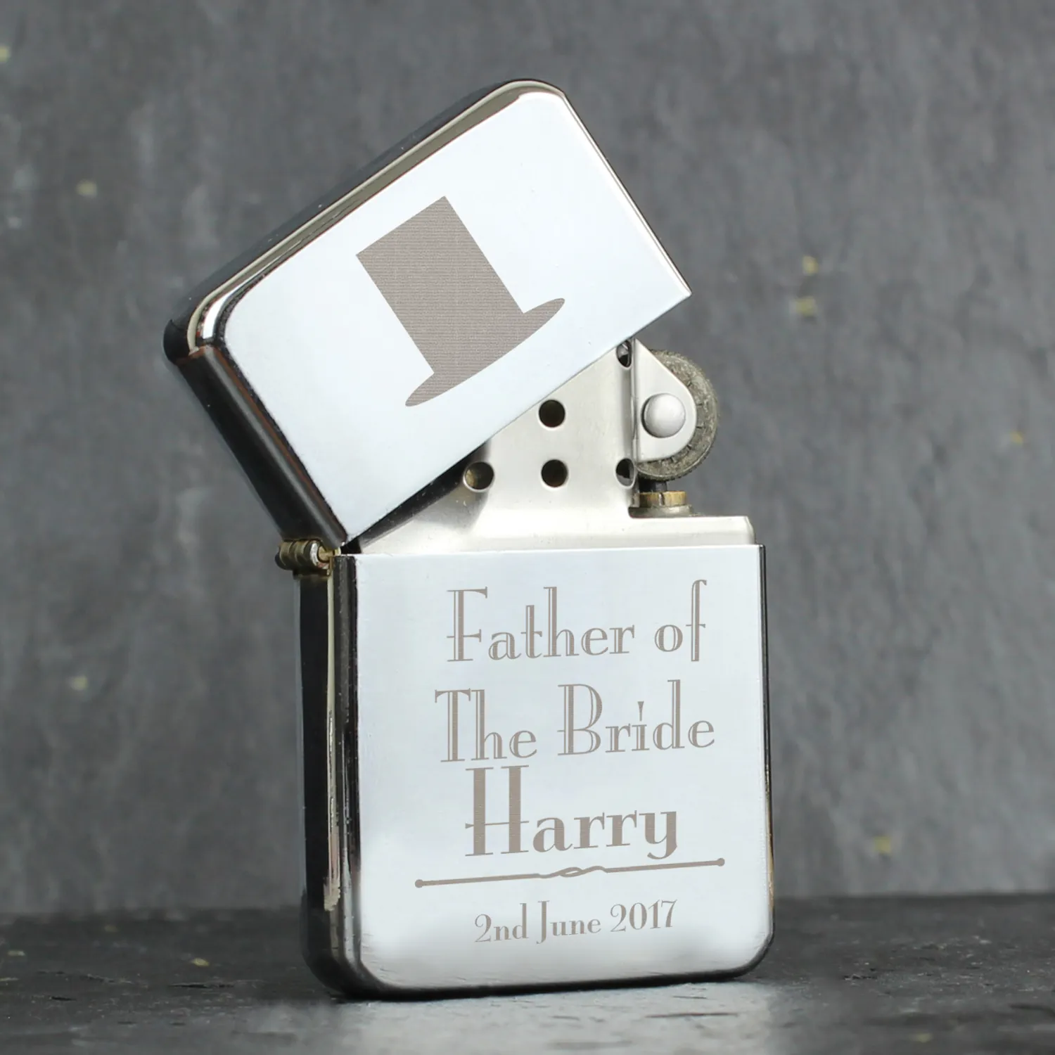 P0103A46 Personalised 'Father of the Bride' Decorative Top Hat Motif Wedding Chrome Plated Lighter Personalised 'Father of the Bride' Decorative Top Hat Motif Wedding Chrome Plated Lighter - Image 1