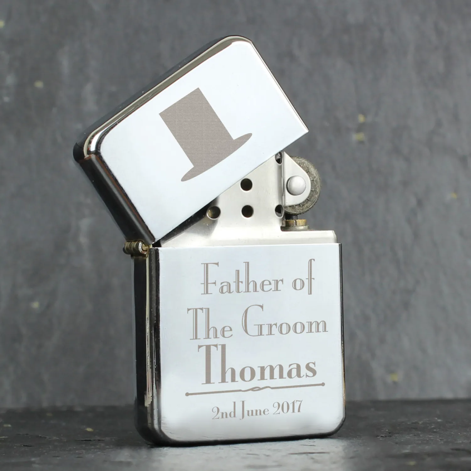 P0103A47 Personalised ‘Father of the Groom’ Decorative Top Hat Motif Wedding Chrome Plated Lighter Personalised ‘Father of the Groom’ Decorative Top Hat Motif Wedding Chrome Plated Lighter - Image 1