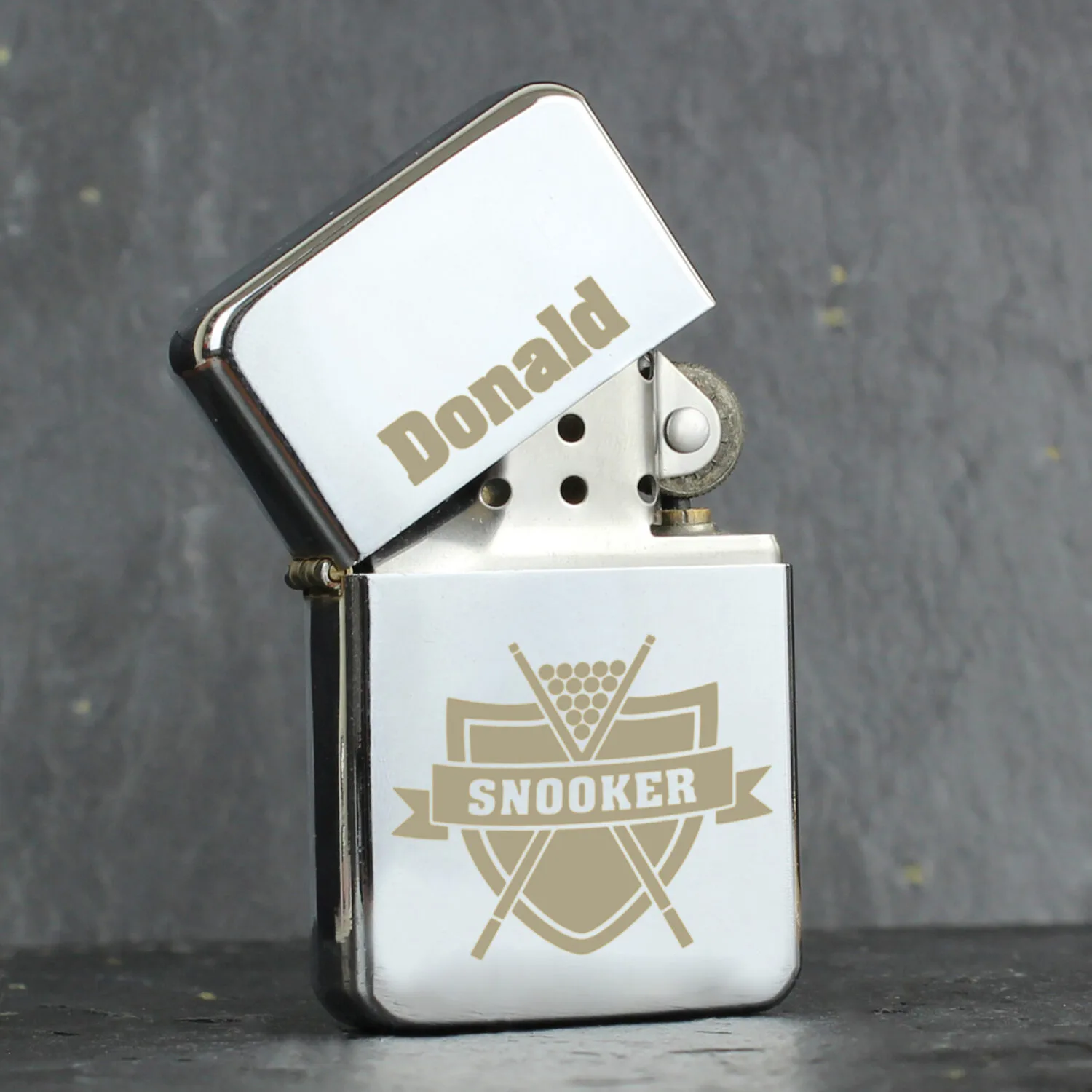 P0103A90 Personalised Snooker Design Chrome Plated Lighter Personalised Snooker Design Chrome Plated Lighter - Image 1