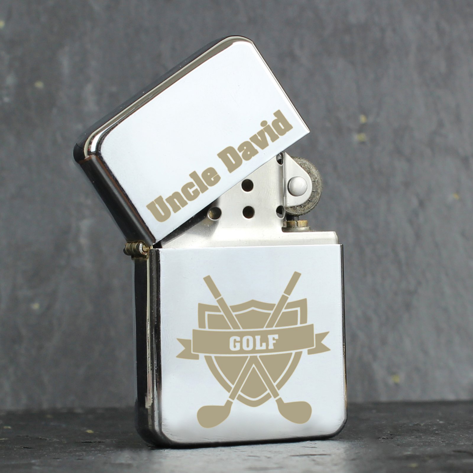 P0103A92 Personalised Golf Motif Chrome Plated Lighter Personalised Golf Motif Chrome Plated Lighter - Image 1