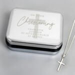 Personalised 'On Your Christening' Chrome Plated Trinket Box & Sterling Silver Cross Necklace Set