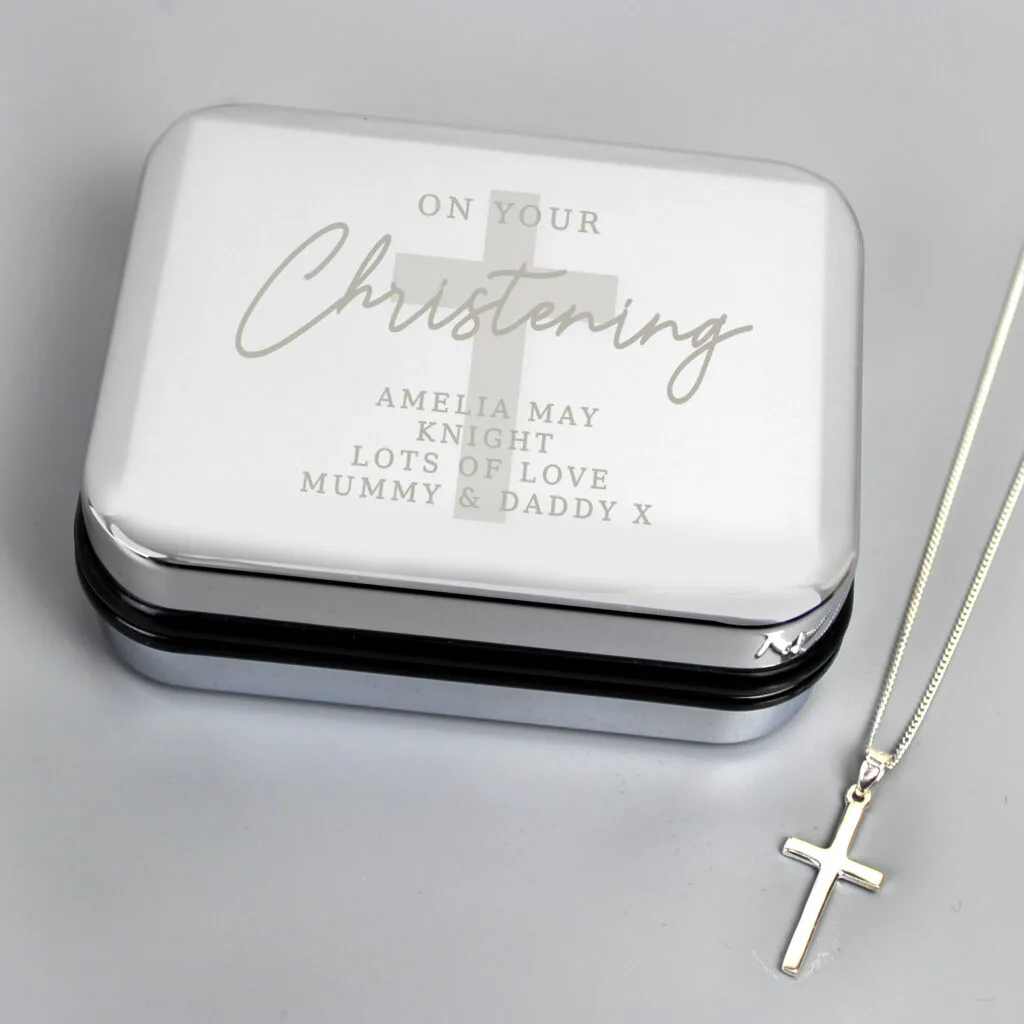 P0103C39 Personalised 'On Your Christening' Chrome Plated Trinket Box & Sterling Silver Cross Necklace Set 2