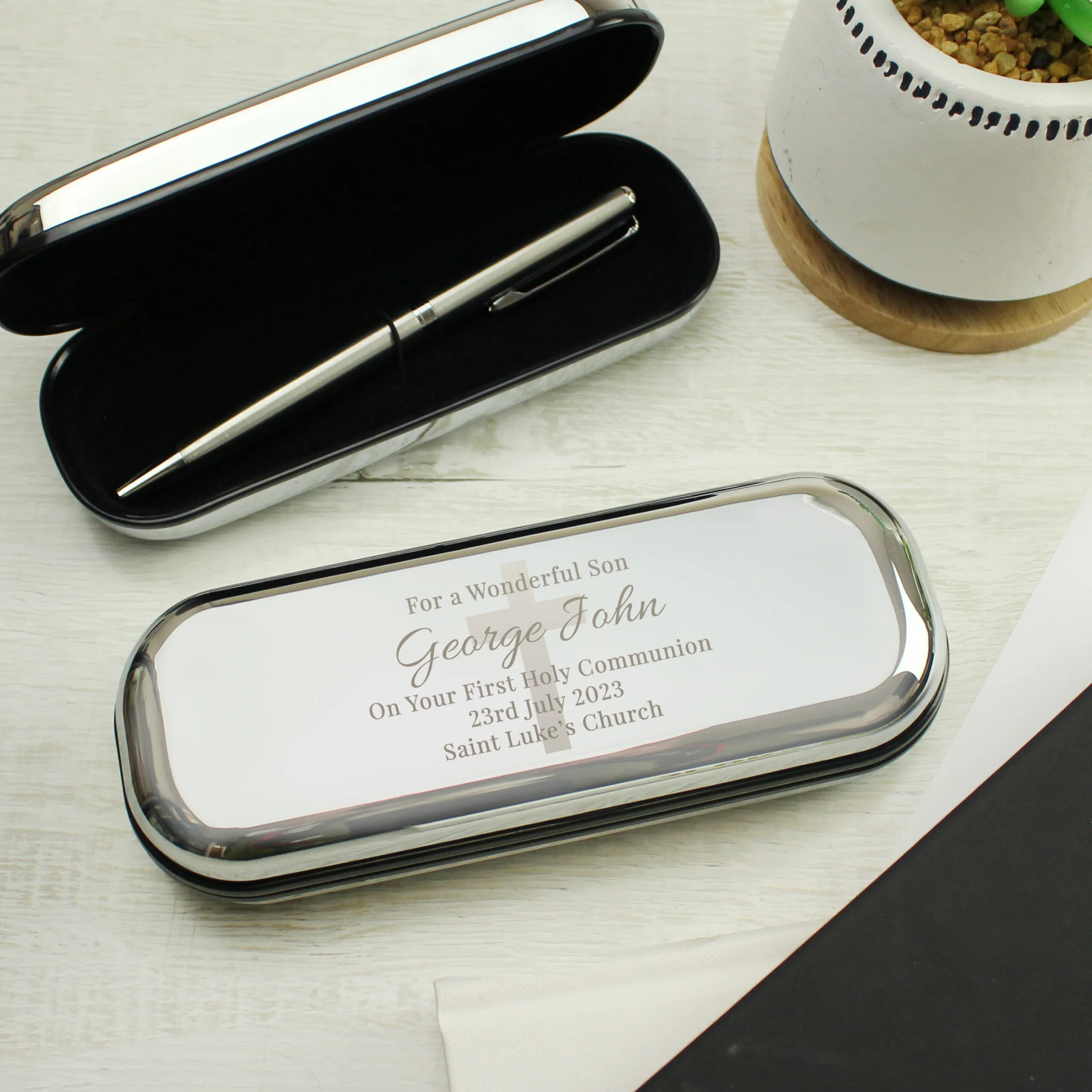 Personalised Religious Cross Design Chrome Plated Pen & Gift Box Set - Image 2