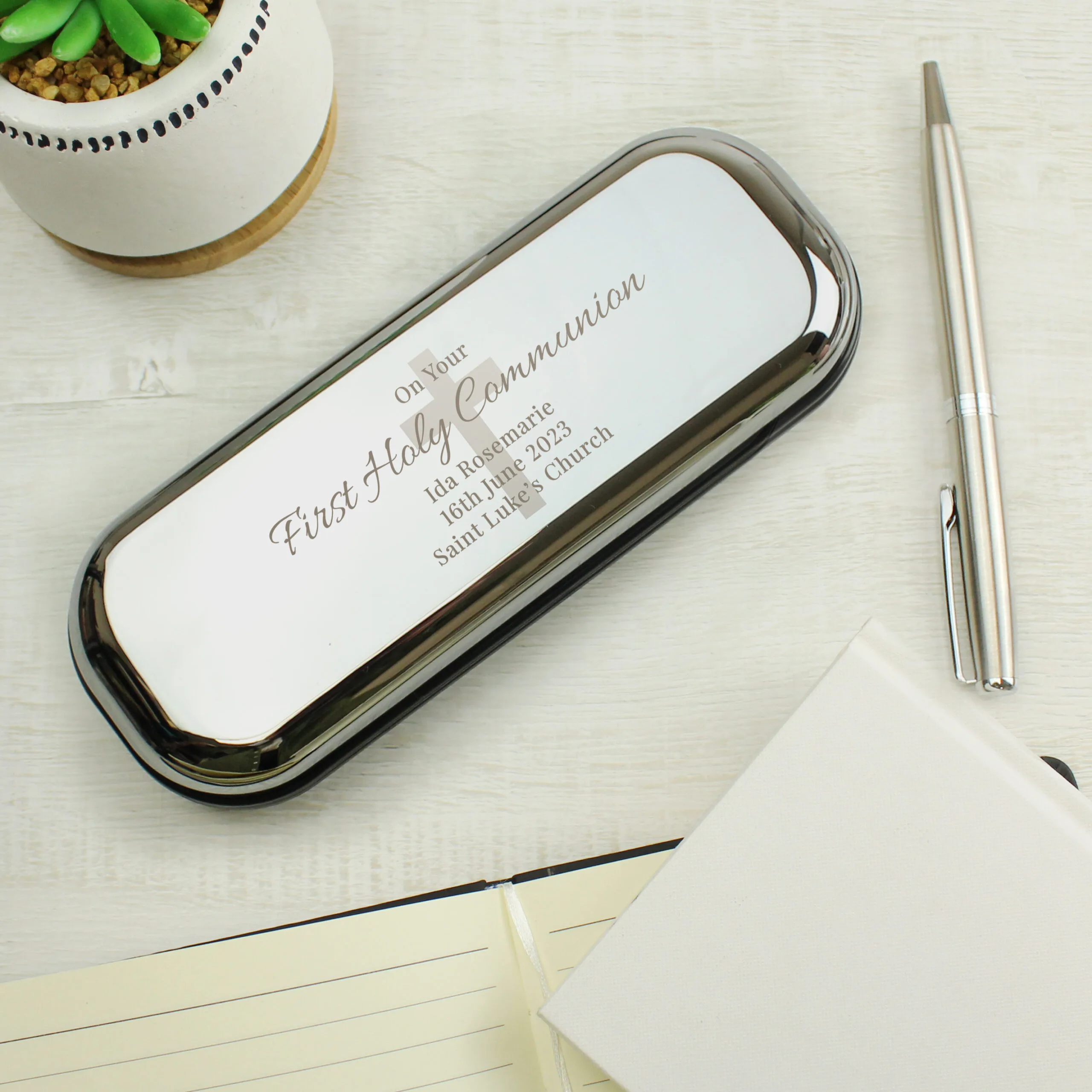 Personalised Religious Cross Design Chrome Plated Pen & Gift Box Set - Image 3
