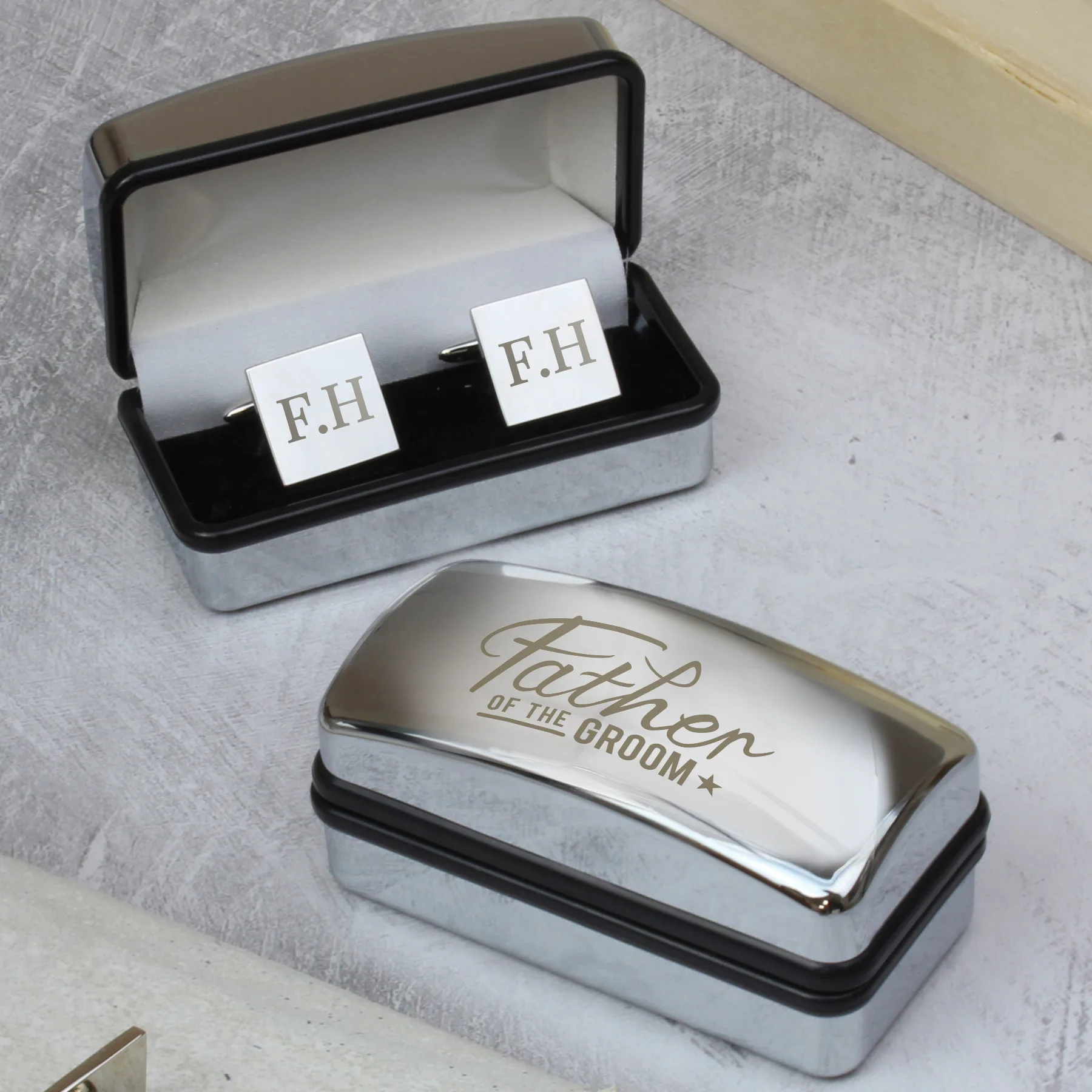 Personalised 'Father of the Groom' Wedding Square Cufflinks & Chrome Plated Gift Box Set - Image 2