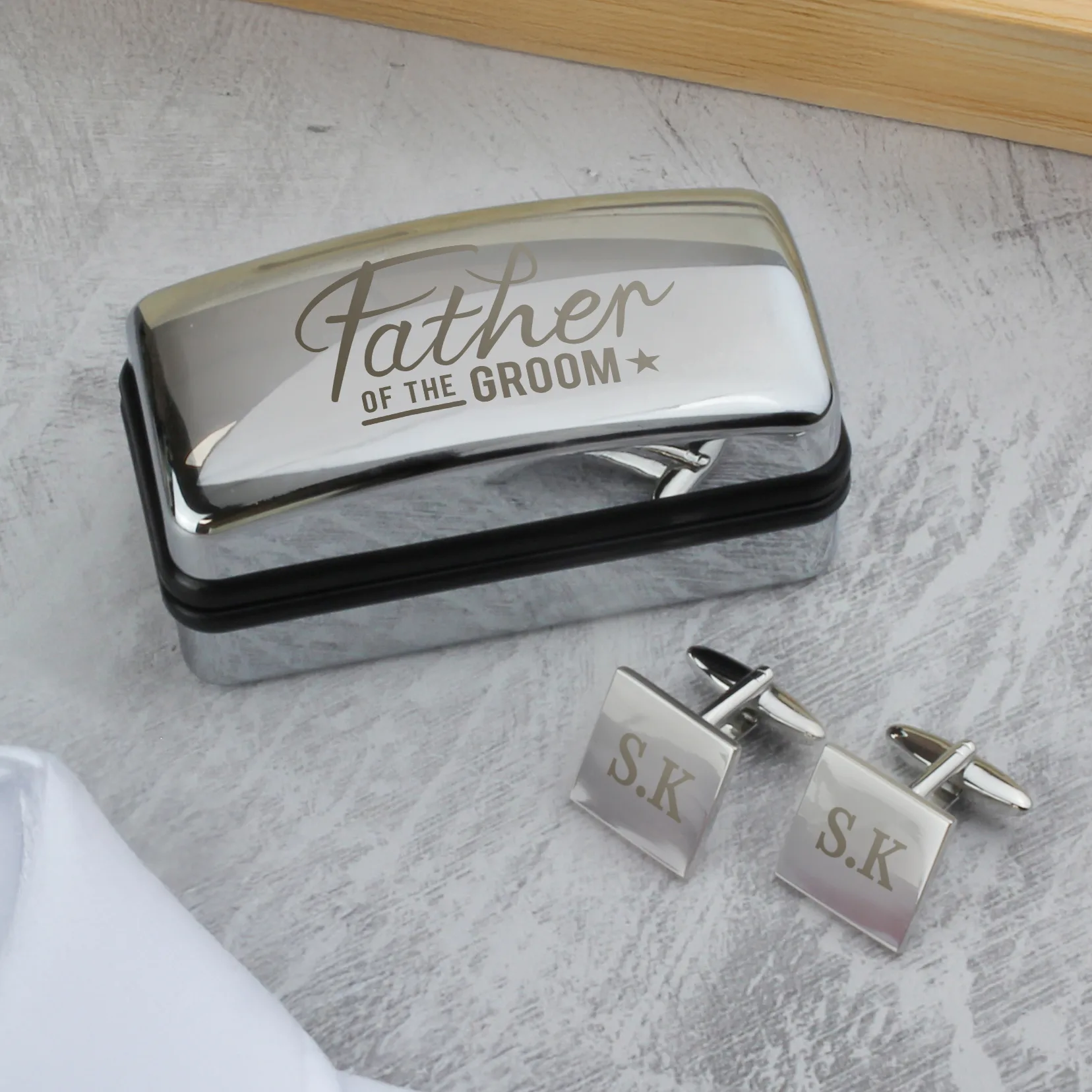 P0103C56 Personalised 'Father of the Groom' Wedding Square Cufflinks & Chrome Plated Gift Box Set Personalised 'Father of the Groom' Wedding Square Cufflinks & Chrome Plated Gift Box Set - Image 1