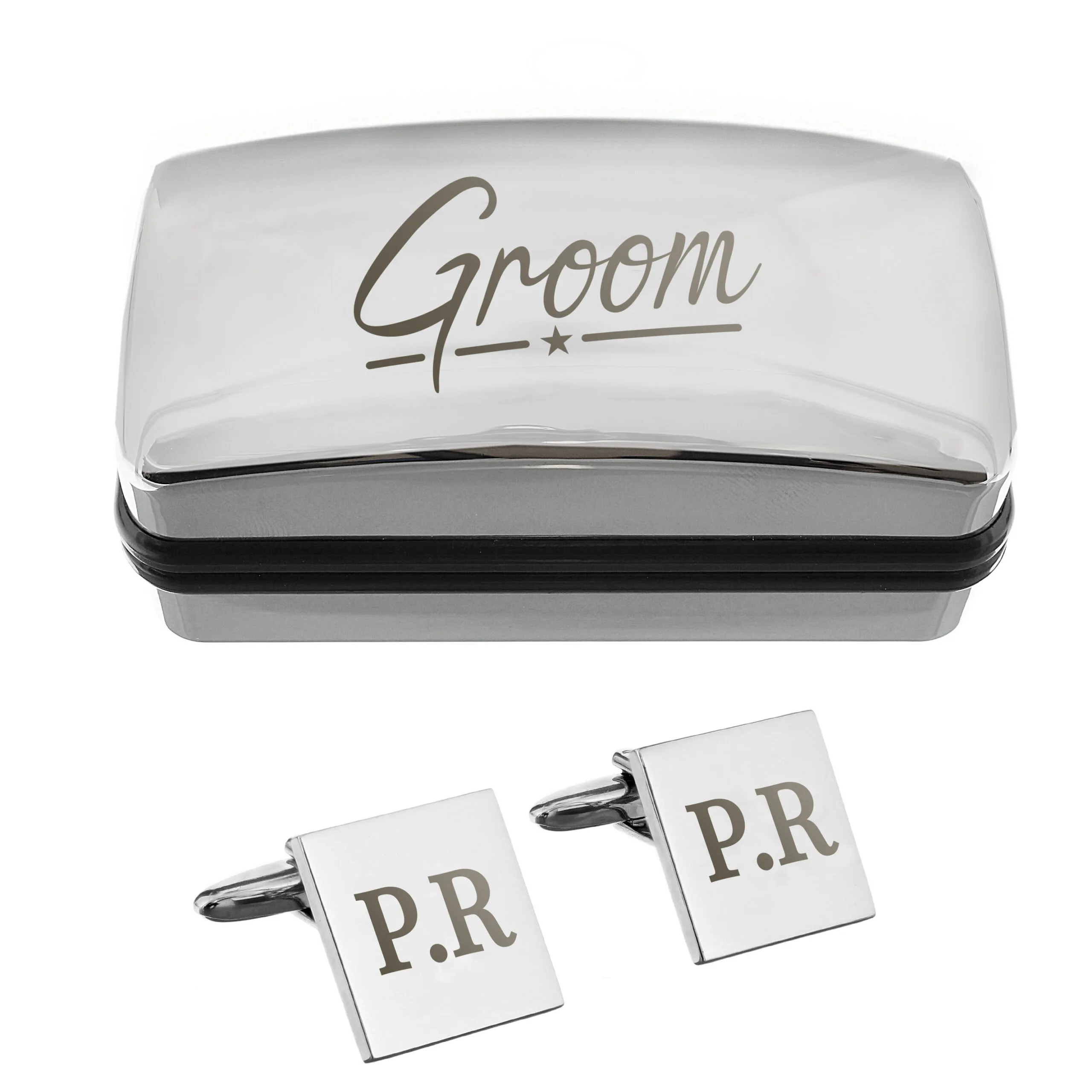 Personalised 'Groom' Wedding Square Cufflinks & Chrome Plated Gift Box Set - Image 3