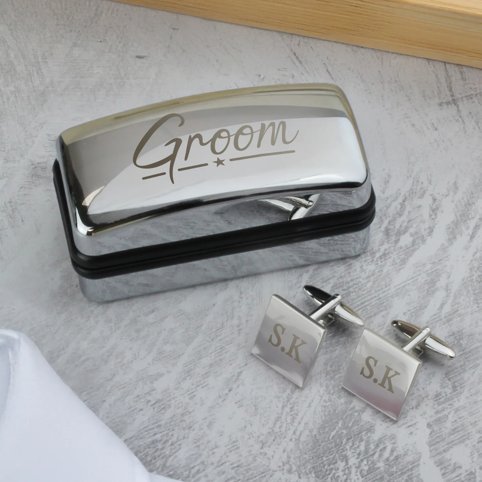 Personalised 'Groom' Wedding Square Cufflinks & Chrome Plated Gift Box Set - Image 1