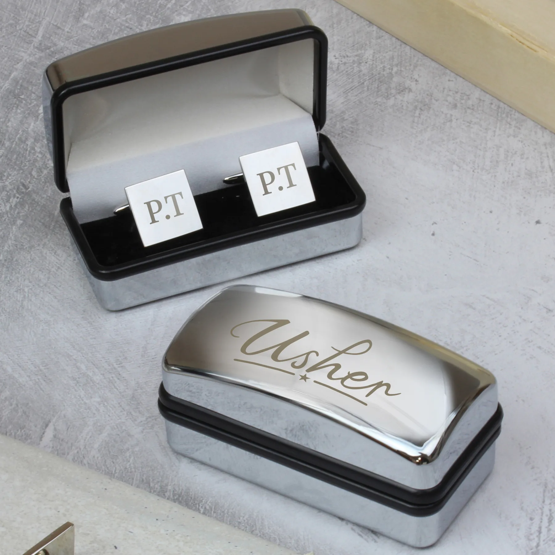 Personalised 'Usher' Wedding Square Cufflinks & Chrome Plated Gift Box Set - Image 2