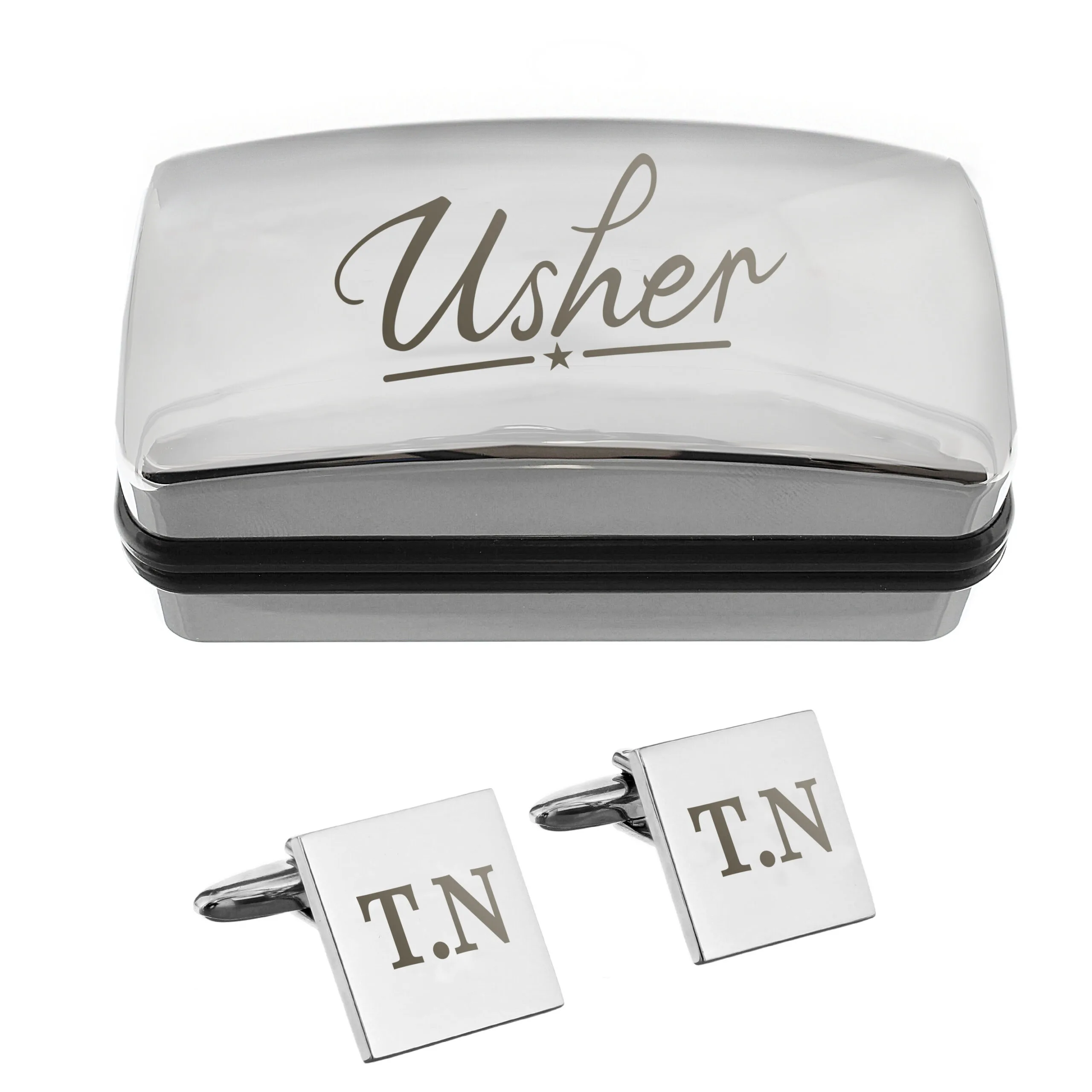 Personalised 'Usher' Wedding Square Cufflinks & Chrome Plated Gift Box Set - Image 3