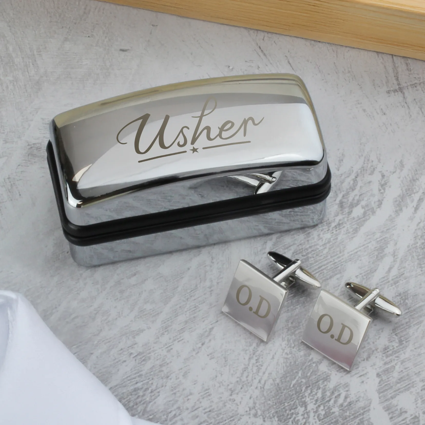 Personalised 'Usher' Wedding Square Cufflinks & Chrome Plated Gift Box Set - Image 1