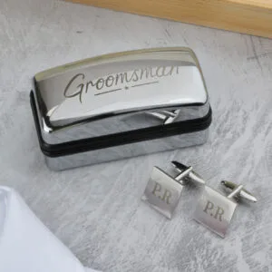 P0103C59 Personalised 'Groomsman' Wedding Square Cufflinks & Chrome Plated Gift Box Set