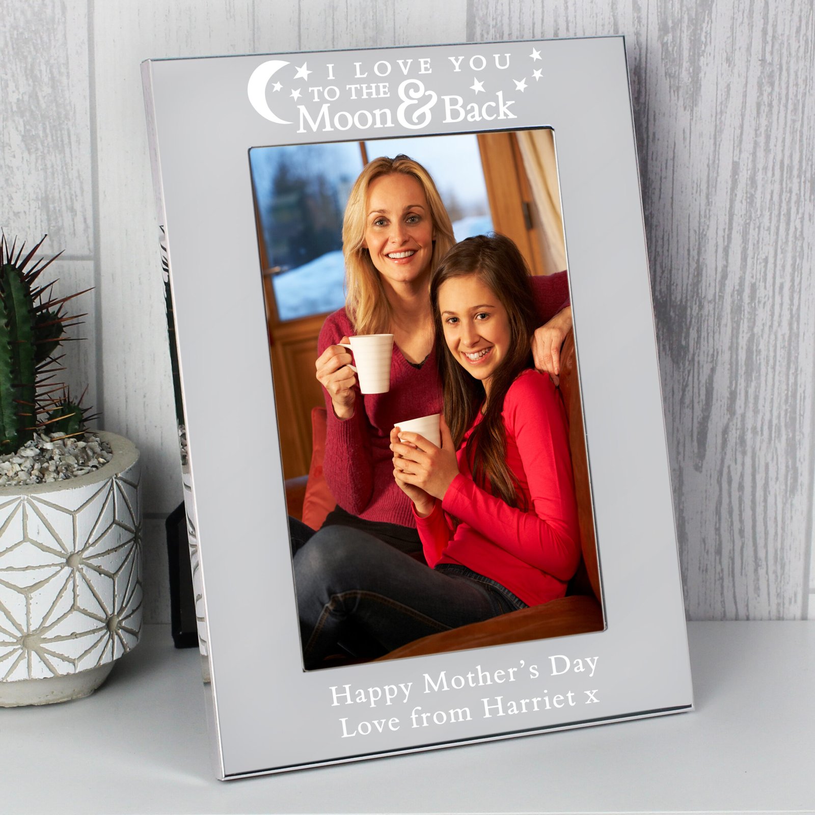 P0104J81 Personalised 'I Love You To The Moon & Back' 4x6 Portrait Silver Aluminium Photo Frame Personalised 'I Love You To The Moon & Back' 4x6 Portrait Silver Aluminium Photo Frame - Image 1