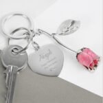 Personalised Swirls & Hearts Design Silver Plated Pink Rose Keyring