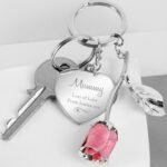 Personalised Swirls & Hearts Design Silver Plated Pink Rose Keyring - Image 2
