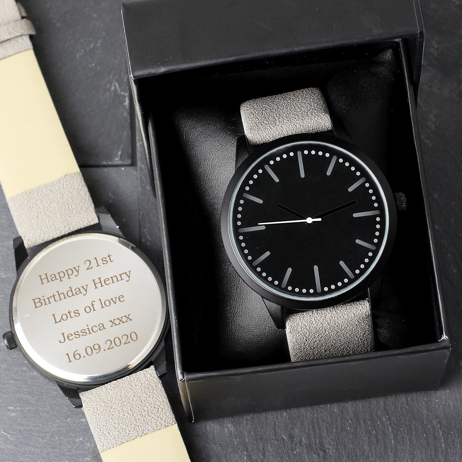 P0104L48 Personalised Men's Matte Black Watch with Grey Strap & Presentation Box Personalised Men's Matte Black Watch with Grey Strap & Presentation Box - Image 1