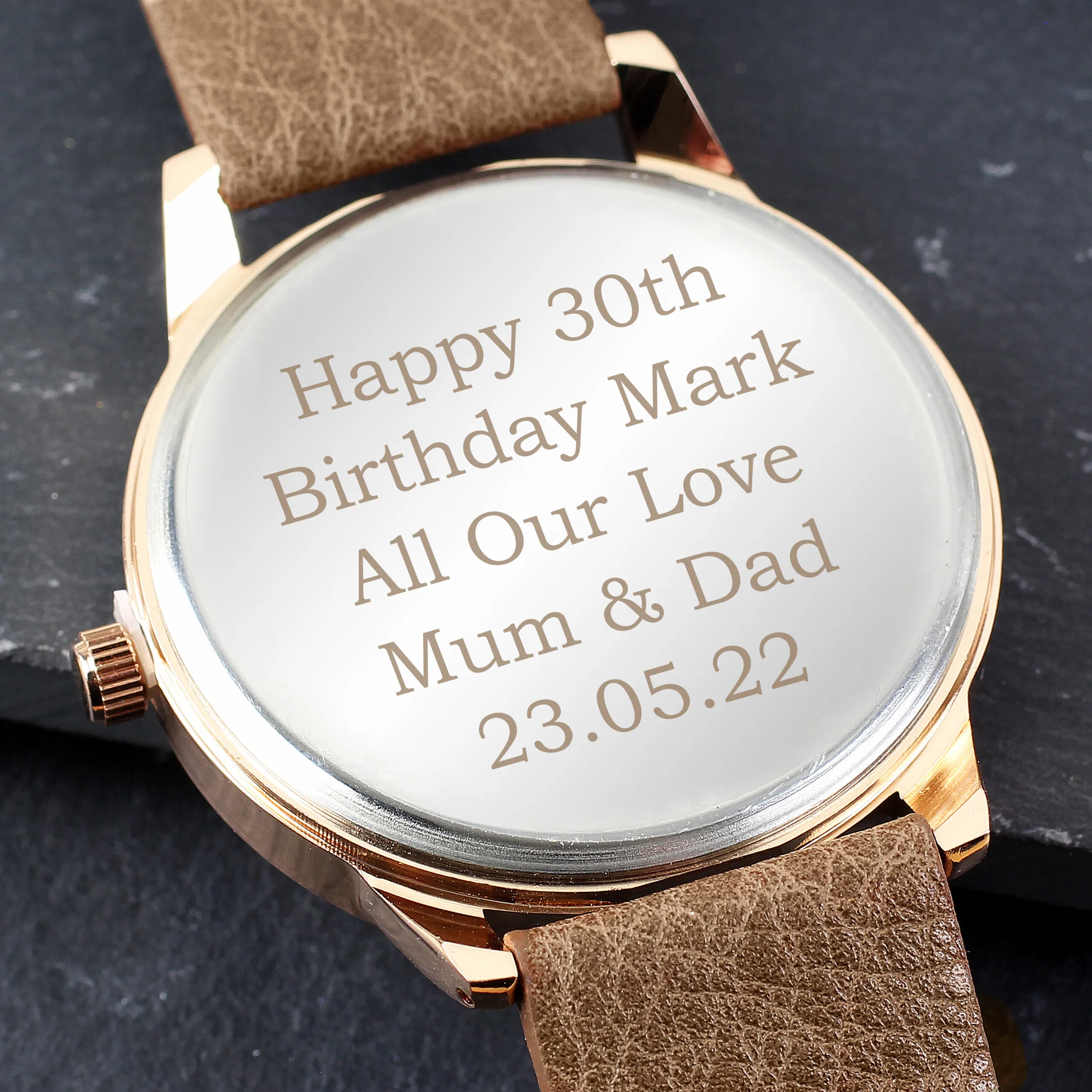 Personalised Men's Rose Gold Tone Watch with Brown Strap & Presentation Box - Image 5