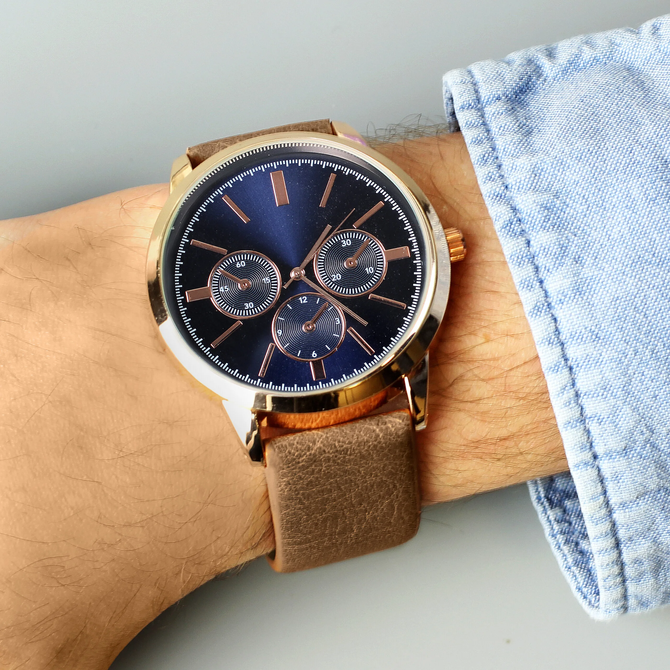 Personalised Men's Rose Gold Tone Watch with Brown Strap & Presentation Box - Image 2