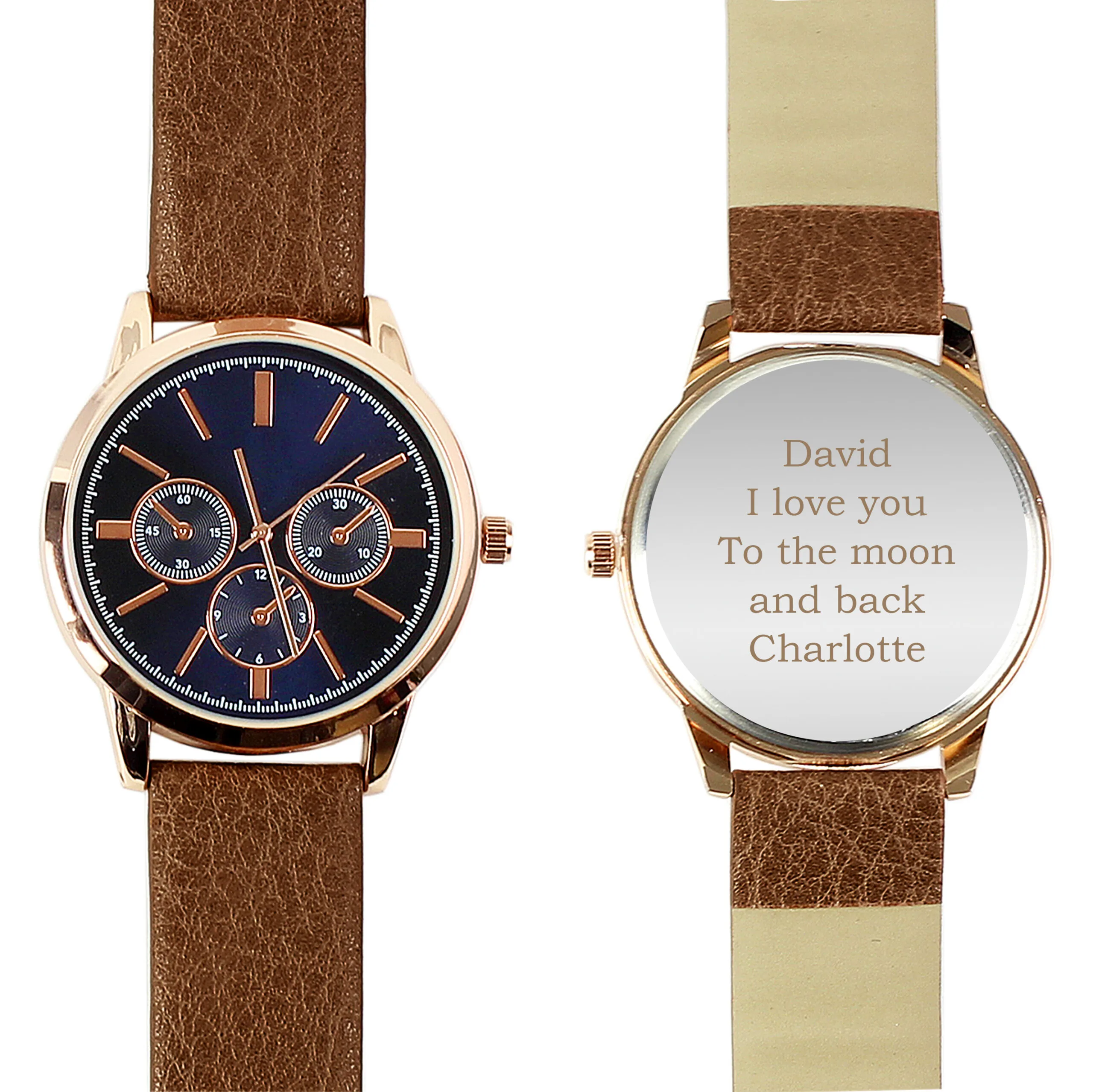 Personalised Men's Rose Gold Tone Watch with Brown Strap & Presentation Box - Image 8
