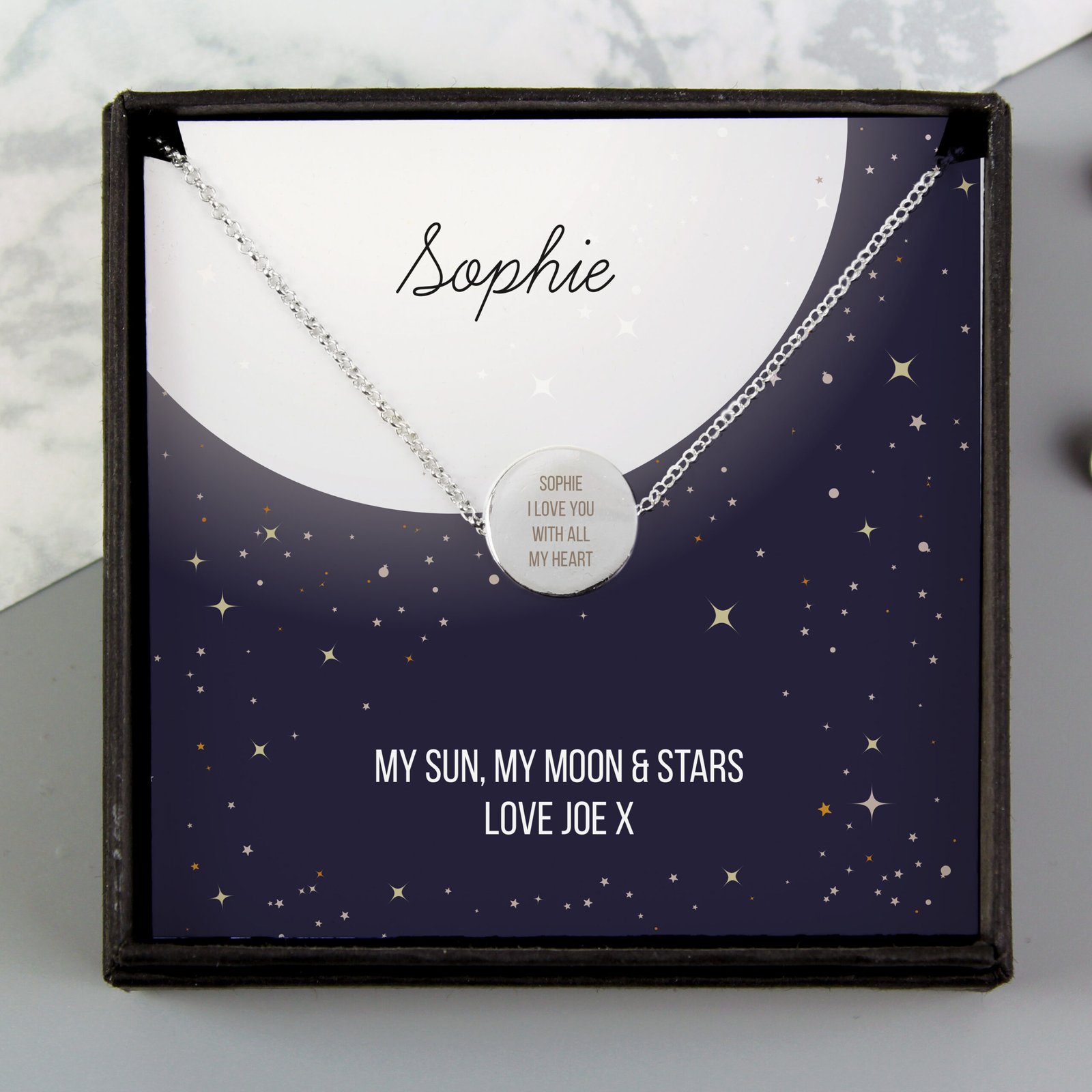 P0104L51 Personalised Sentiment Silver Tone Disc Necklace & Gift Box Personalised Sentiment Silver Tone Disc Necklace & Gift Box - Image 1