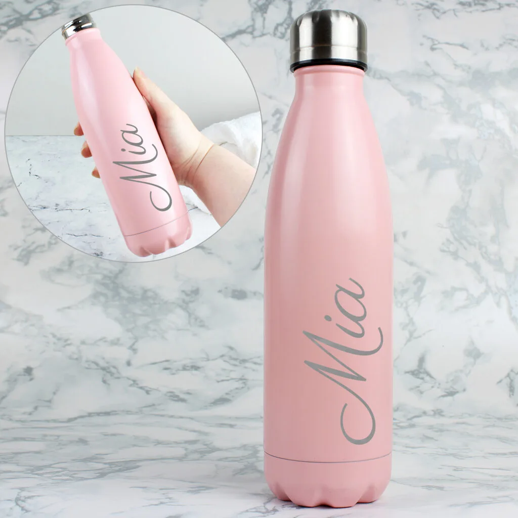 P0104L63 Personalised Name Only (Script Font) Pink Stainless Steel Insulated Drinks Bottle 2