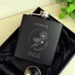 Personalised Monochrome Floral Design Wedding Party Black Stainless Steel Hip Flask - Image 3
