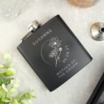 Personalised Monochrome Floral Design Wedding Party Black Stainless Steel Hip Flask - Image 4