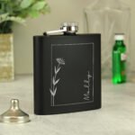 Personalised Name Only Monochrome Floral Design Black Stainless Steel Hip Flask - Image 5