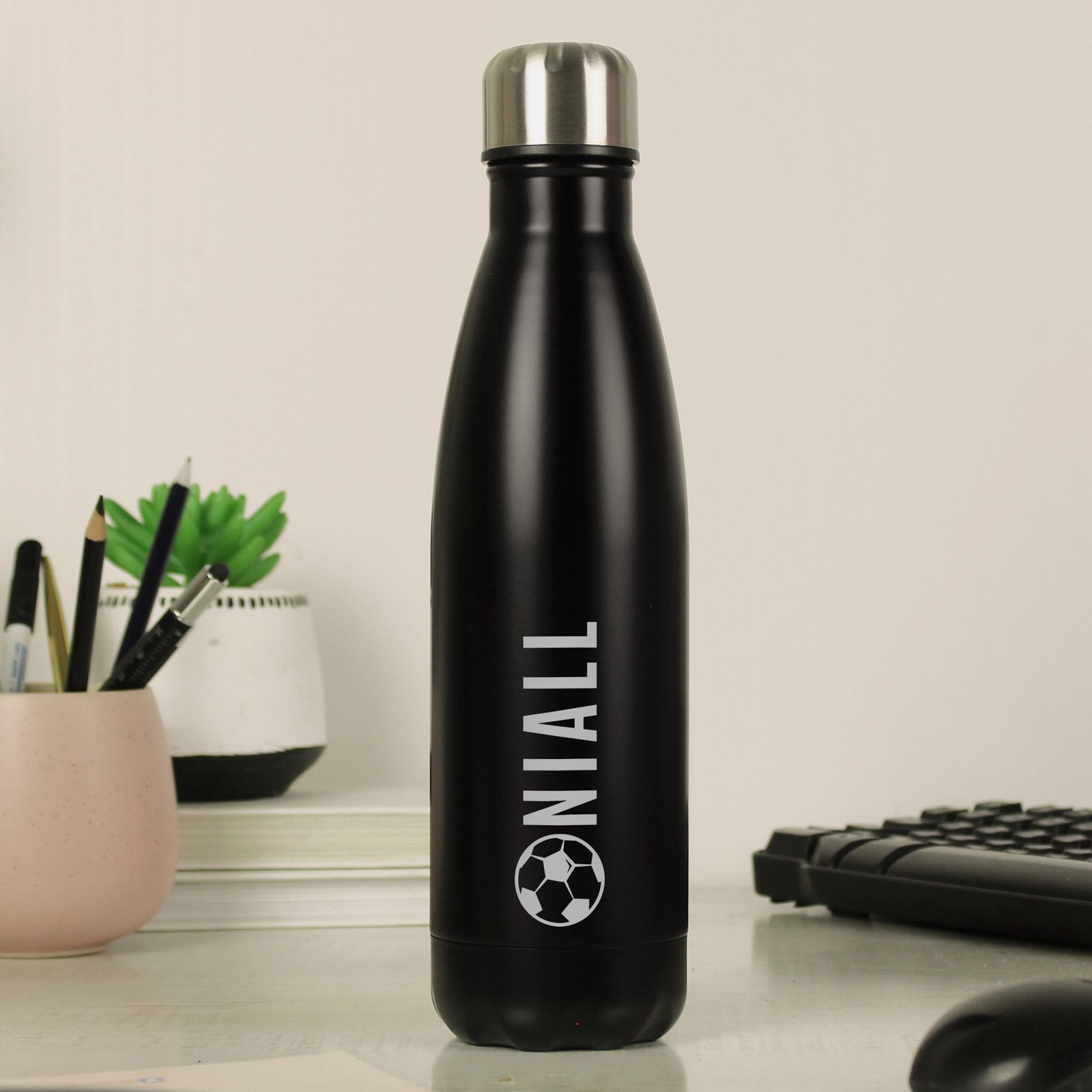 P0104N74 Personalised Football Motif Black Stainless Steel Insulated Drinks Bottle Personalised Football Motif Black Stainless Steel Insulated Drinks Bottle - Image 1