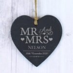 Personalised 'Mr And Mrs' Hearts Motif Hanging Slate Heart Decoration