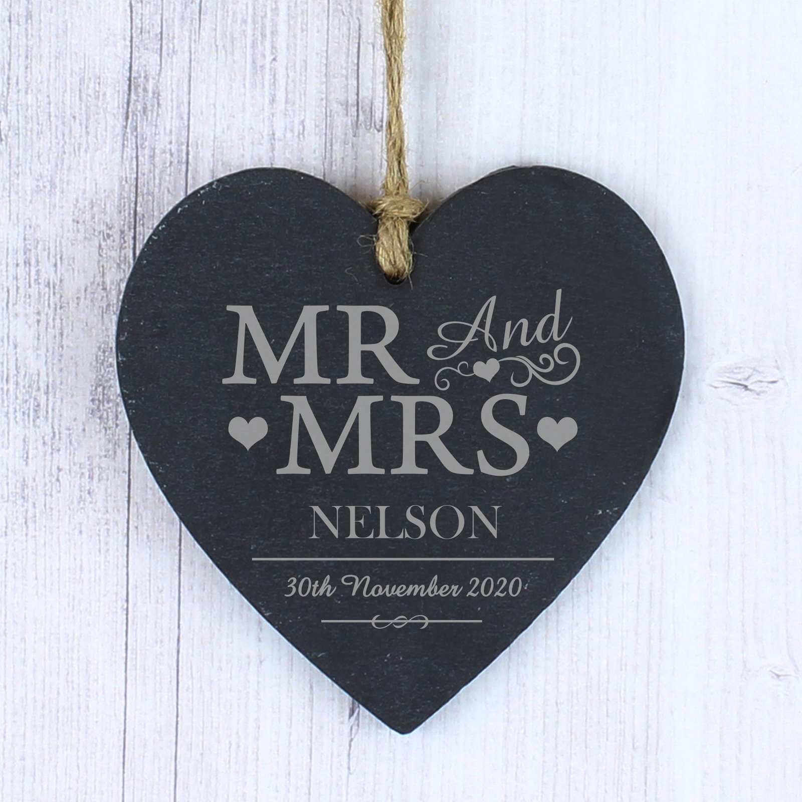 P010524 Personalised 'Mr And Mrs' Hearts Motif Hanging Slate Heart Decoration Personalised 'Mr And Mrs' Hearts Motif Hanging Slate Heart Decoration - Image 1