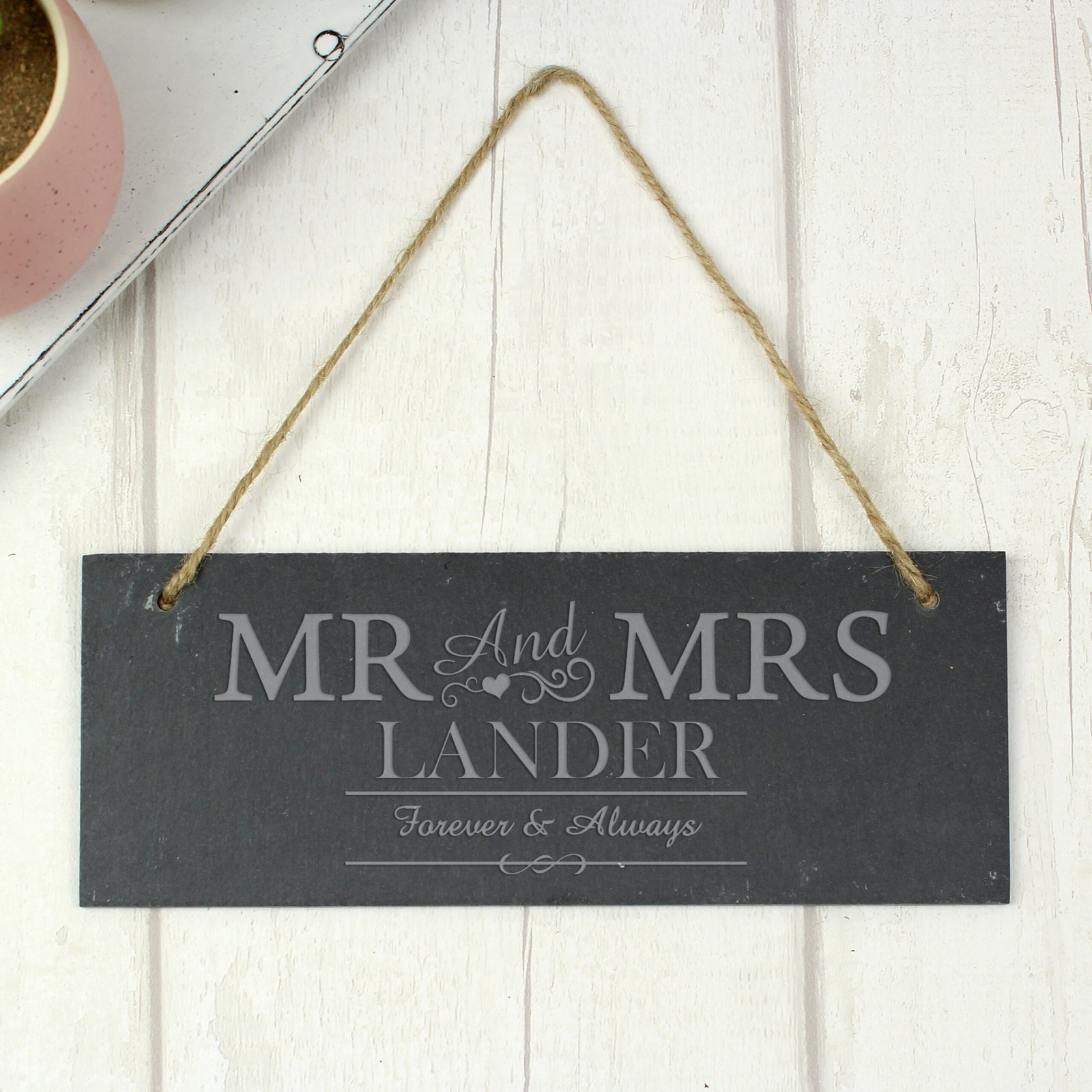 P010525 Personalised 'Mr And Mrs' Hanging Slate Plaque Personalised 'Mr And Mrs' Hanging Slate Plaque - Image 1