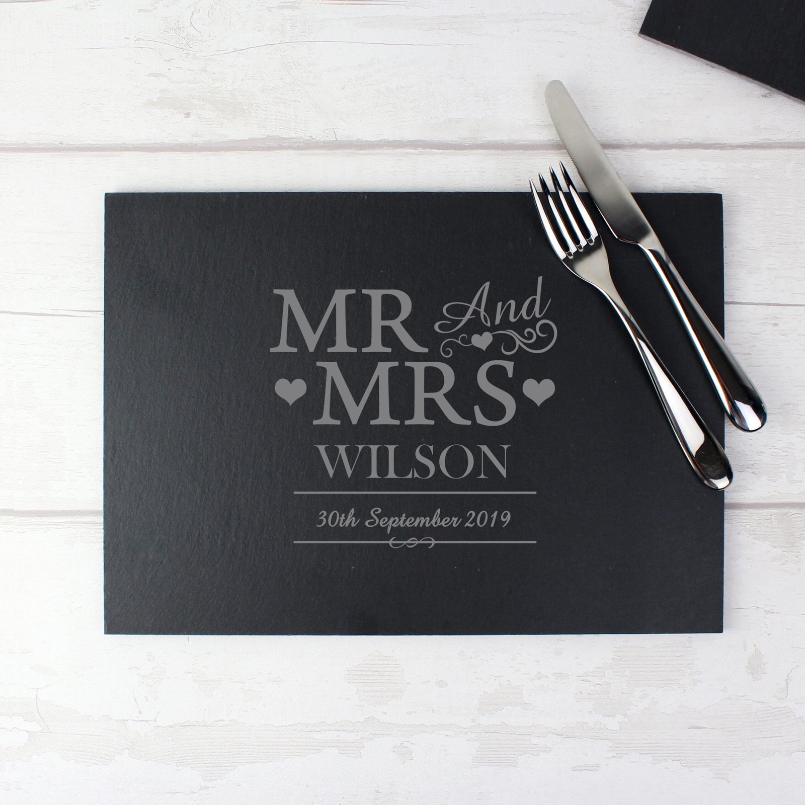 P010526 Personalised 'Mr And Mrs' Hearts Motif Slate Placemat Personalised 'Mr And Mrs' Hearts Motif Slate Placemat - Image 1