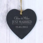 Personalised 'Just Married' Hanging Slate Heart Shaped Decoration