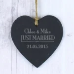 Personalised 'Just Married' Hanging Slate Heart Shaped Decoration