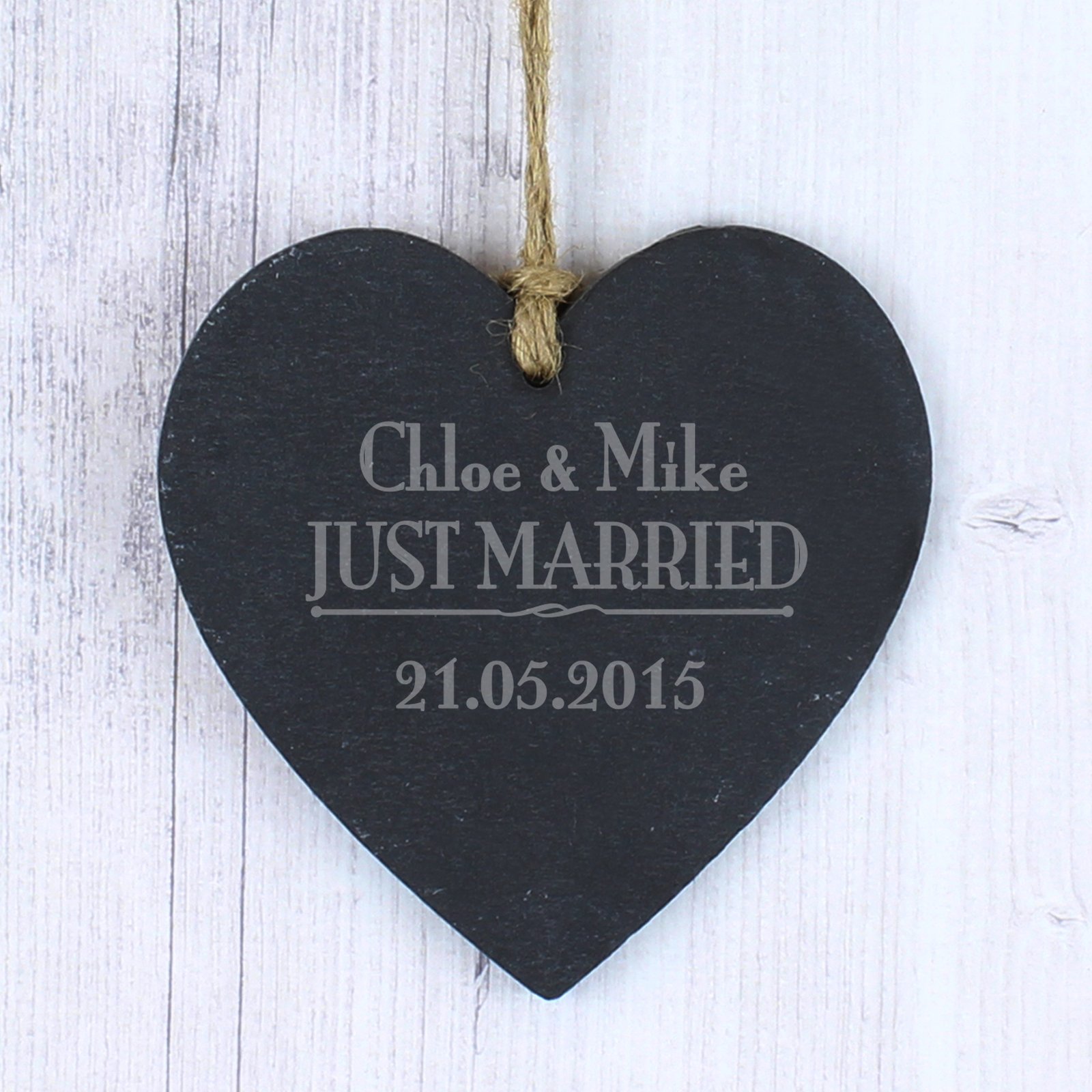 P010542 Personalised 'Just Married' Hanging Slate Heart Shaped Decoration Personalised 'Just Married' Hanging Slate Heart Shaped Decoration - Image 1