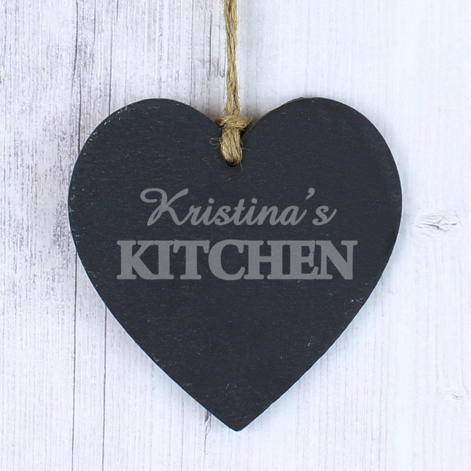P010545 Personalised 'Kitchen' Hanging Slate Heart Decoration Personalised 'Kitchen' Hanging Slate Heart Shaped Decoration - Image 1