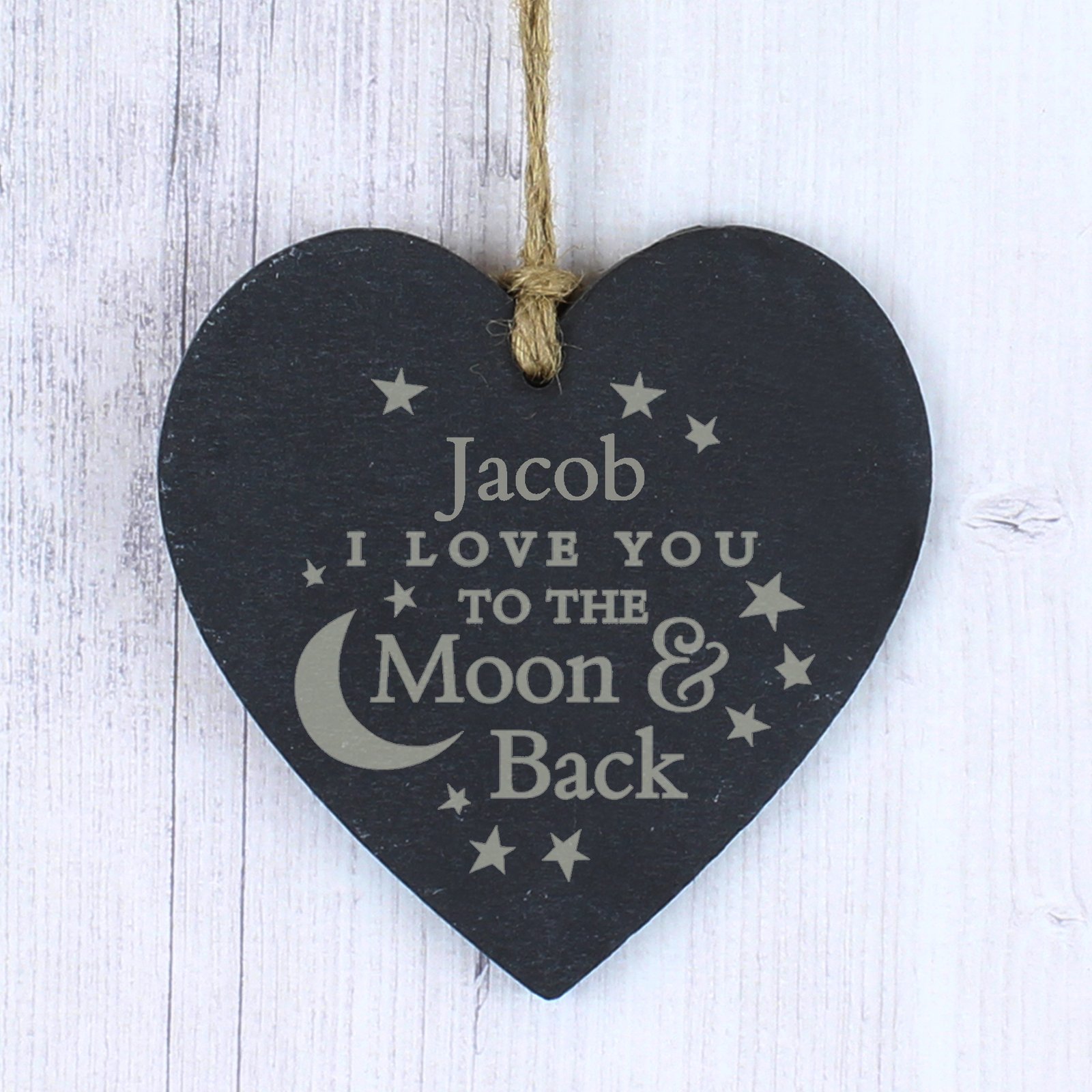 P010563 Personalised 'I Moon You To The Moon & Back' Hanging Slate Heart Decoration Personalised 'I Moon You To The Moon & Back' Hanging Slate Heart Decoration - Image 1