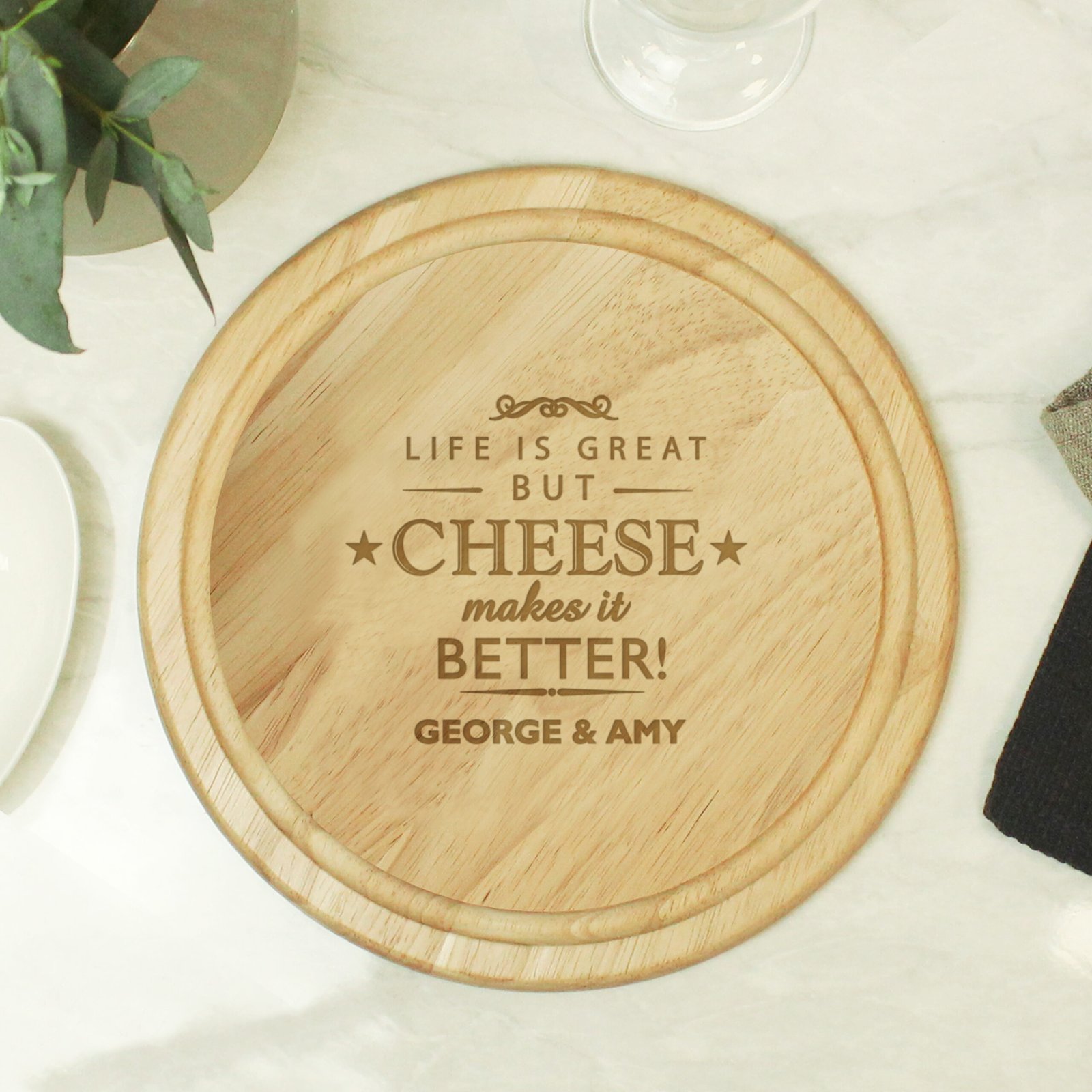 P010568 Personalised 'Cheese Makes It Better!' Round Wooden Cheese Board Personalised 'Cheese Makes It Better!' Round Wooden Cheese Board - Image 1