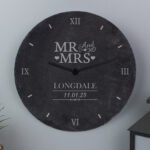 Personalised 'Mr And Mrs' Hearts Motif Round Slate Wall Clock